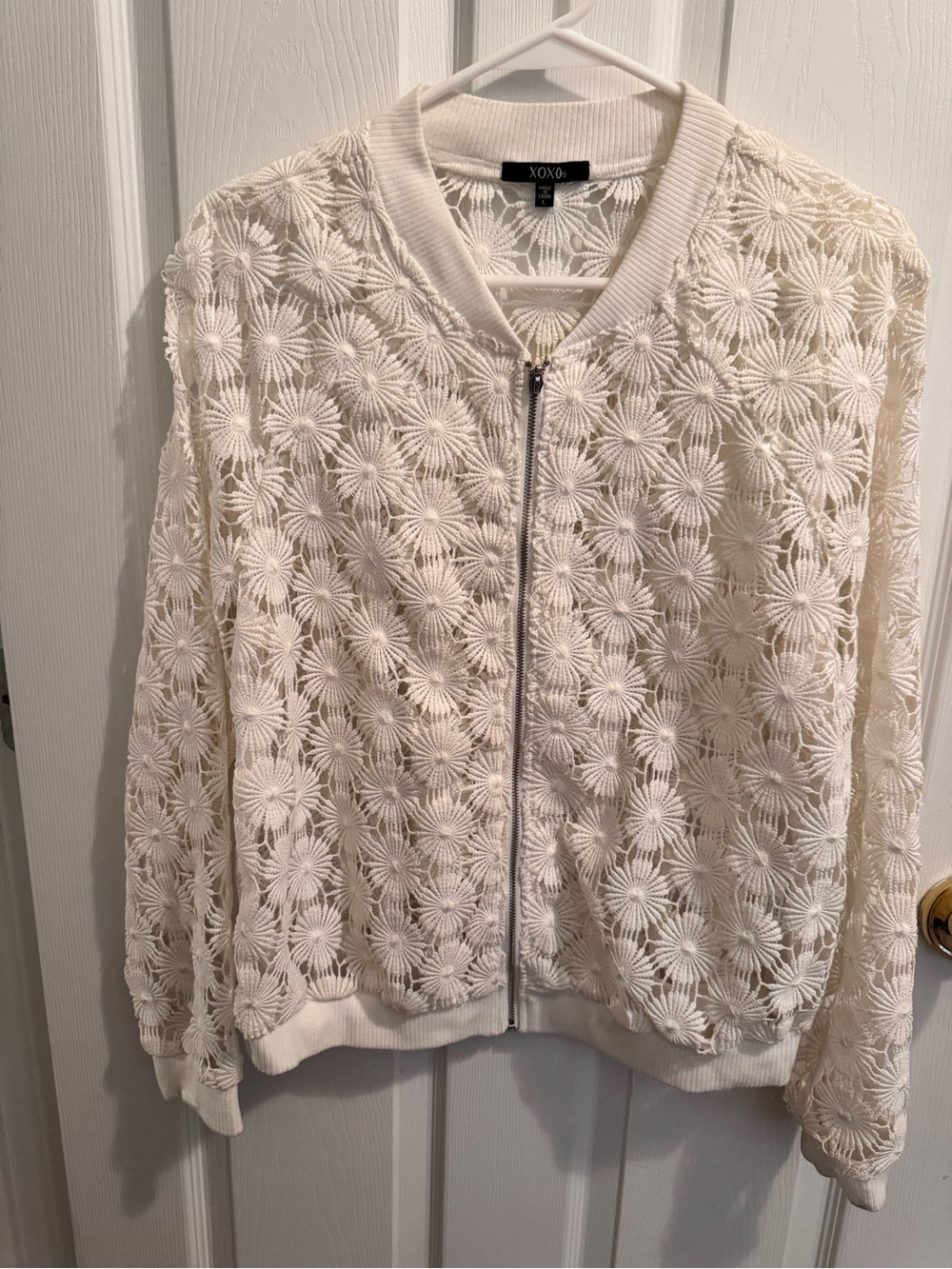 XOXO Cream Floral Lace Zip-Front Bomber Jacket
